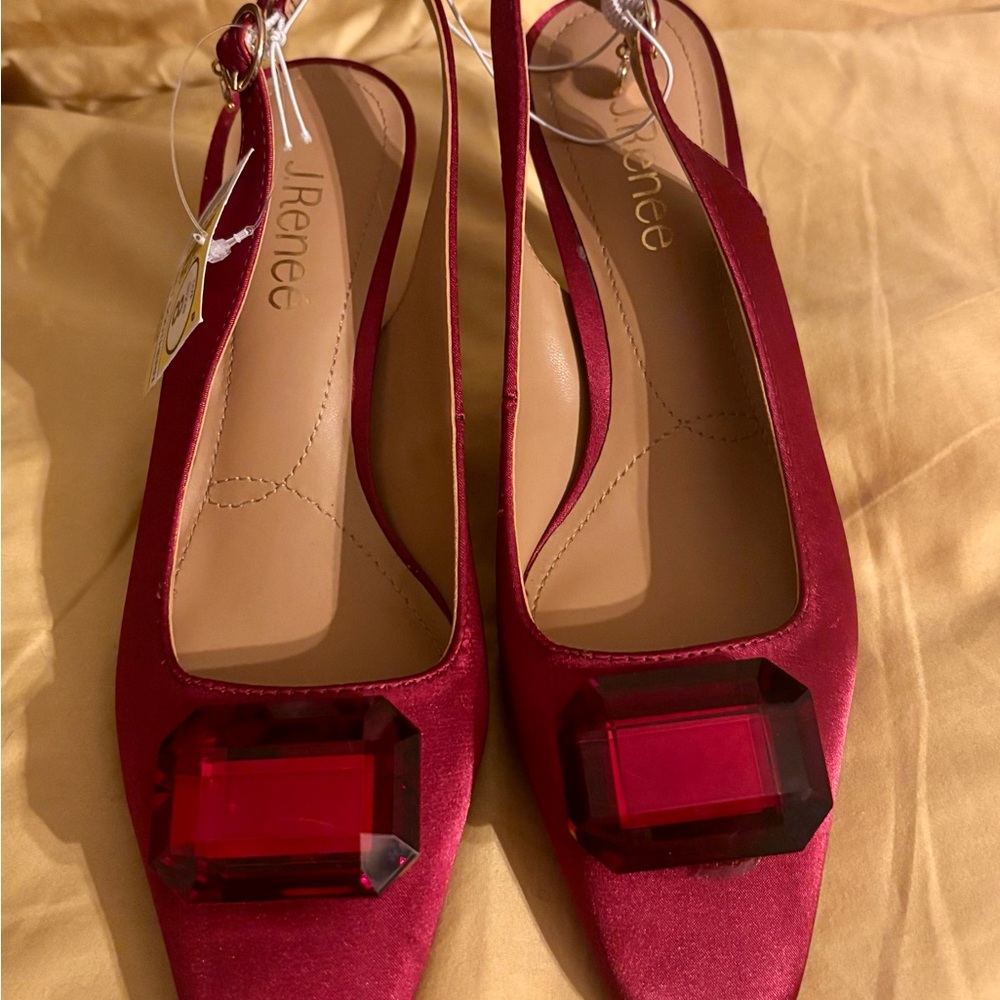 J.Renee Burgundy Slingback Pointed/Squared Toe Pumps with Red Gem - Picture 6 of 17